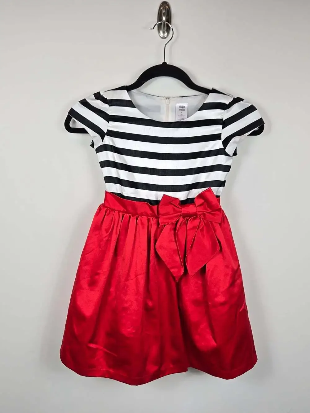 Olivia for Gymboree Girls Size 7 Red Black White Striped Bow Holiday Dress